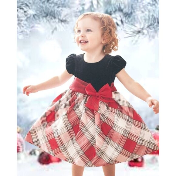 Bonnie Jean Velour Red Plaid Dress Toddler Girl 3T Christmas Bows Valentine EUC - Picture 2 of 12